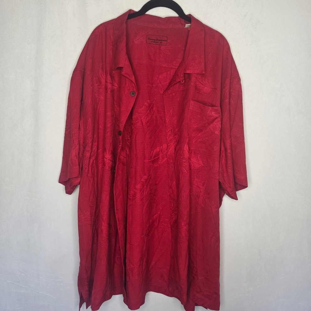 Tommy Bahama Mens Red Jacquard Tropical Leaf 100% Silk Camp Shirt Original Fit - Picture 3 of 12